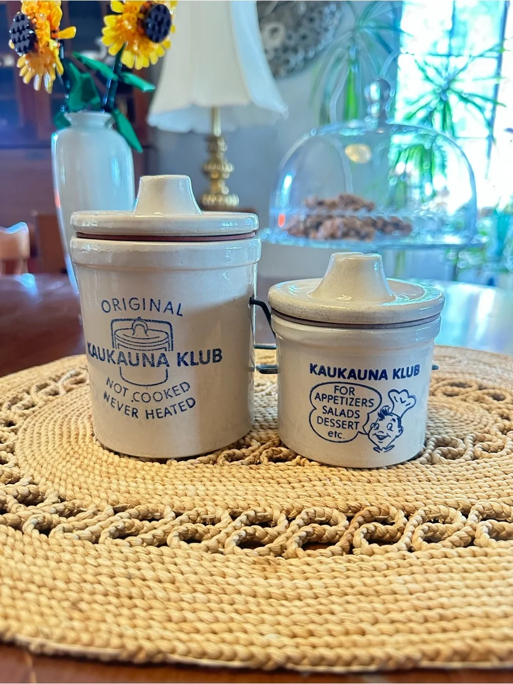 Vintage Kaukauna Klub Stoneware Cheese Crocks Set of 2